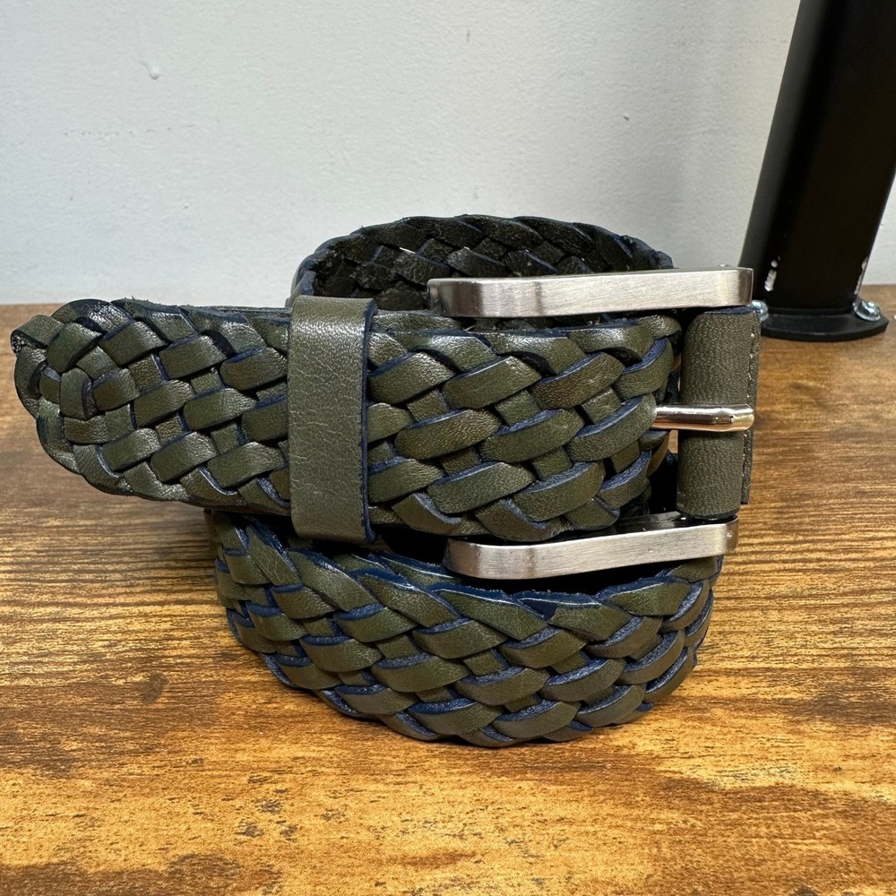 BeymanClub Mens Braided Leather Belt Olive Green Navy Blue Woven Size 95 38